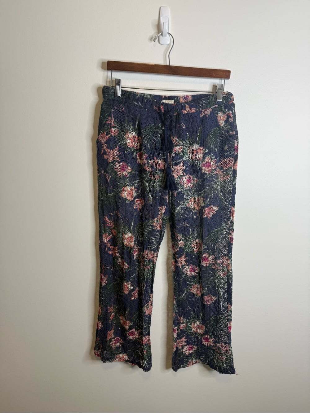 Roxy Floral Straight Leg Pants in Navy, Pink & Green sheer